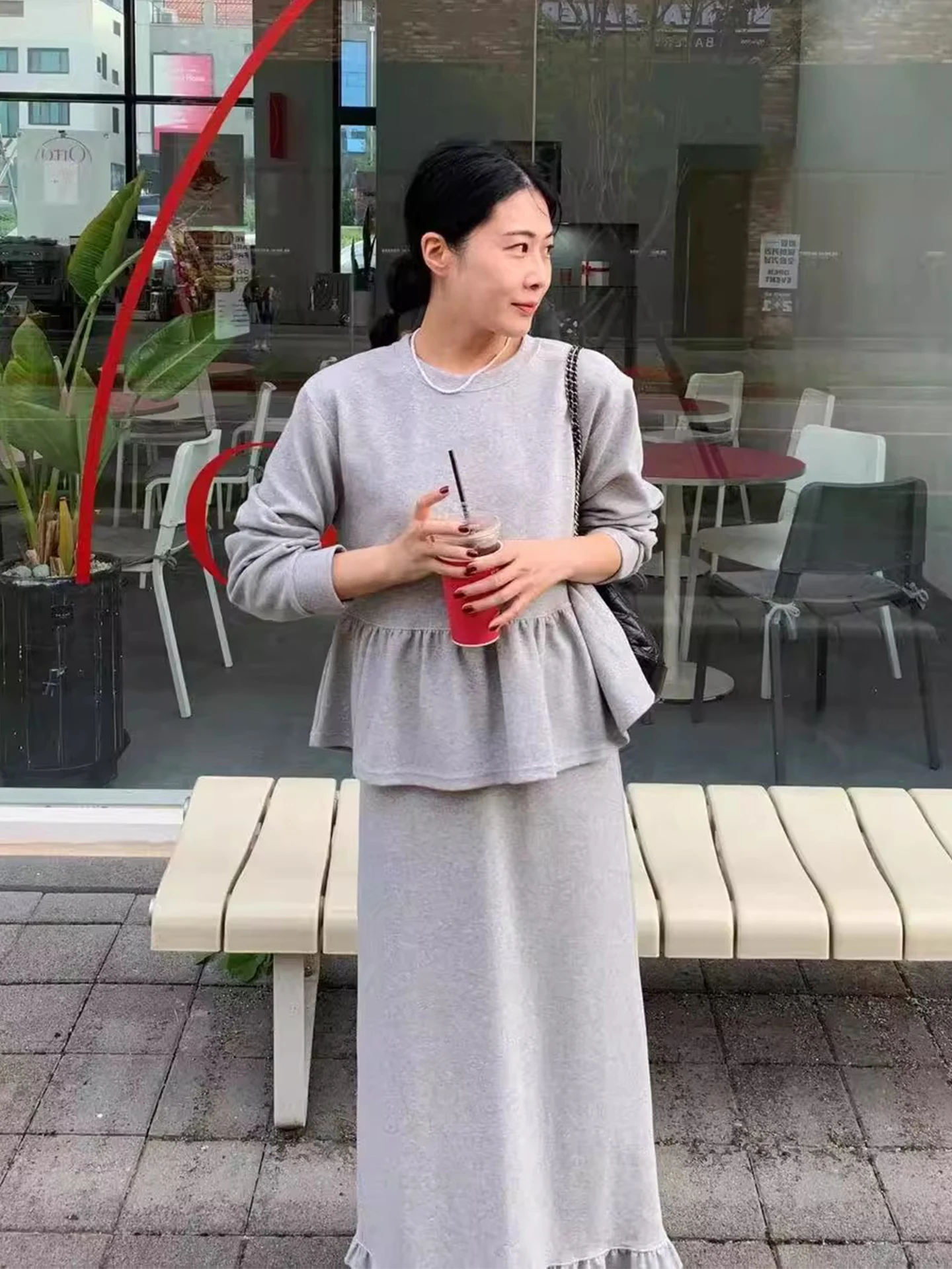 

Антивозрастной длинный свитшот Sve, женская свободная юбка с высокой талией и разрезом, комплект Faion, осенний новый круглый свитер Ne Commu...