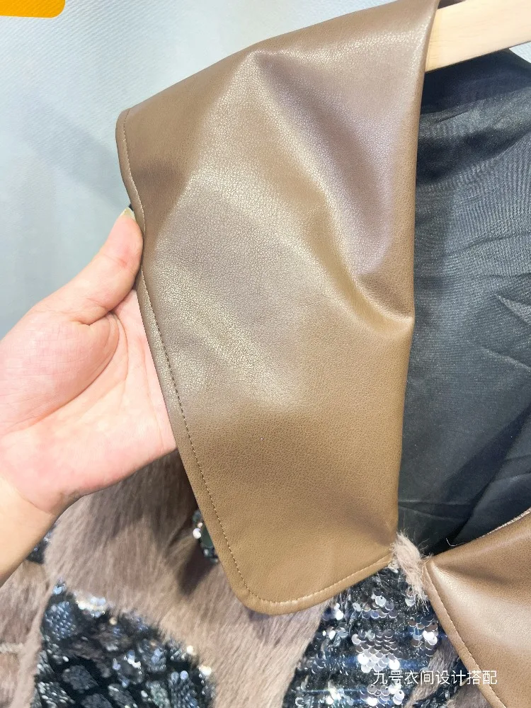 2025 European Style Autumn Winter New Faux Fur Coat for Women with Sequin Patchwork PU Leather Winter Coat Women Fluffy Jacket