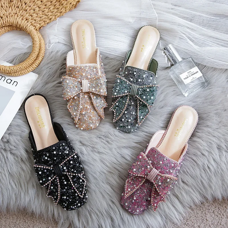 

Women Shoes Fashion Slipper Summer Bling Crystal Bowknot Casual Sandals Girl Flat Mules Shoes