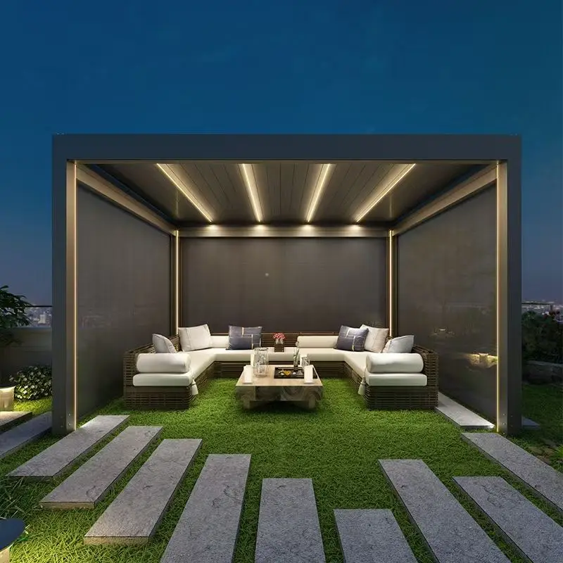 Villa Large Size Rectangular Pavilion Adjustable Blinds Sun Protection Rainproof Gazebo Outdoor Leisure Aluminum Alloy Pergola