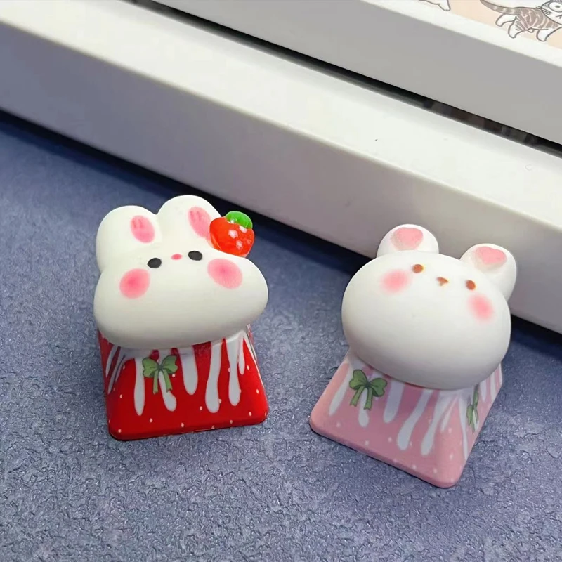 New Cartoon Cute Strawberry Rabbit Keycap Cross Axis Creative Pink Rabbit Button Game Mechanical Keyboard Keycap