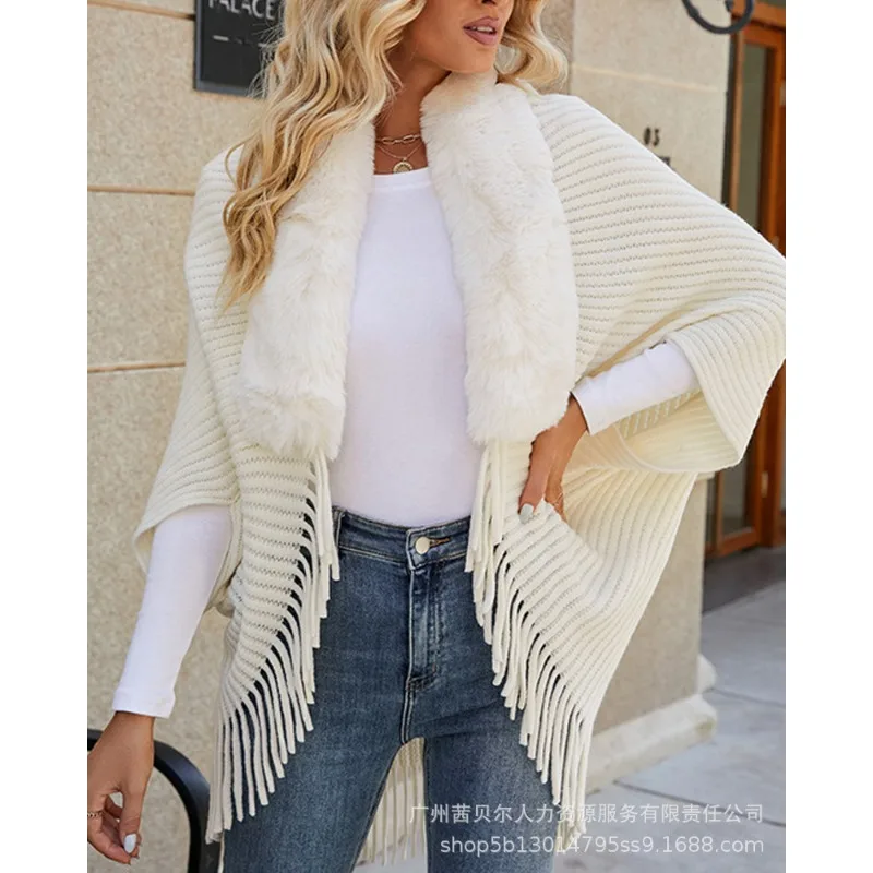 Y2K INS Clothes Women Sexy Long Batwing Sleeve Knitted Cardigan Sweater with Tassel Autumn Winter Elegant Fur Collar Shawl Top