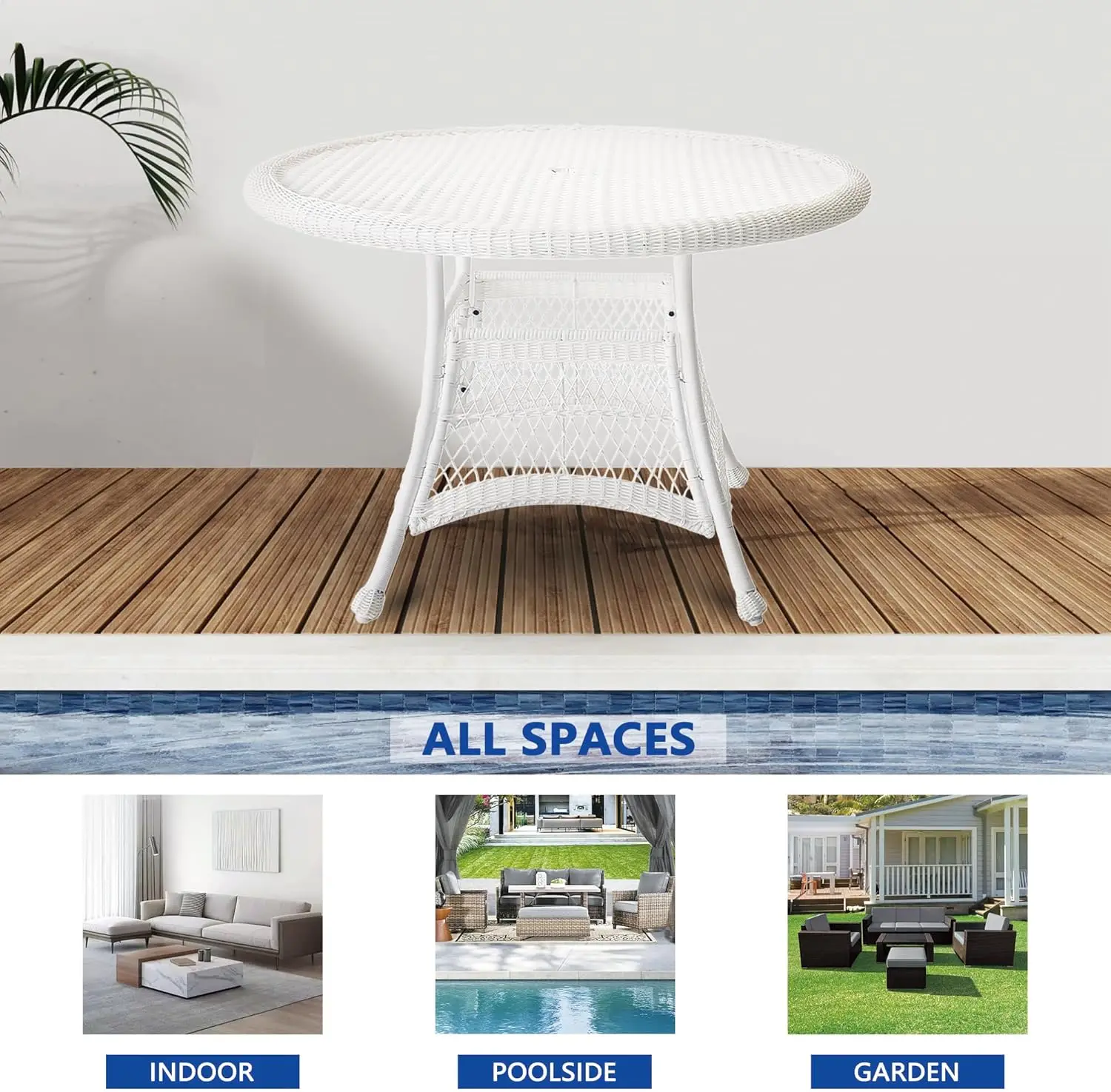 Runder Esstisch aus Korbgeflecht, 44", Weiß