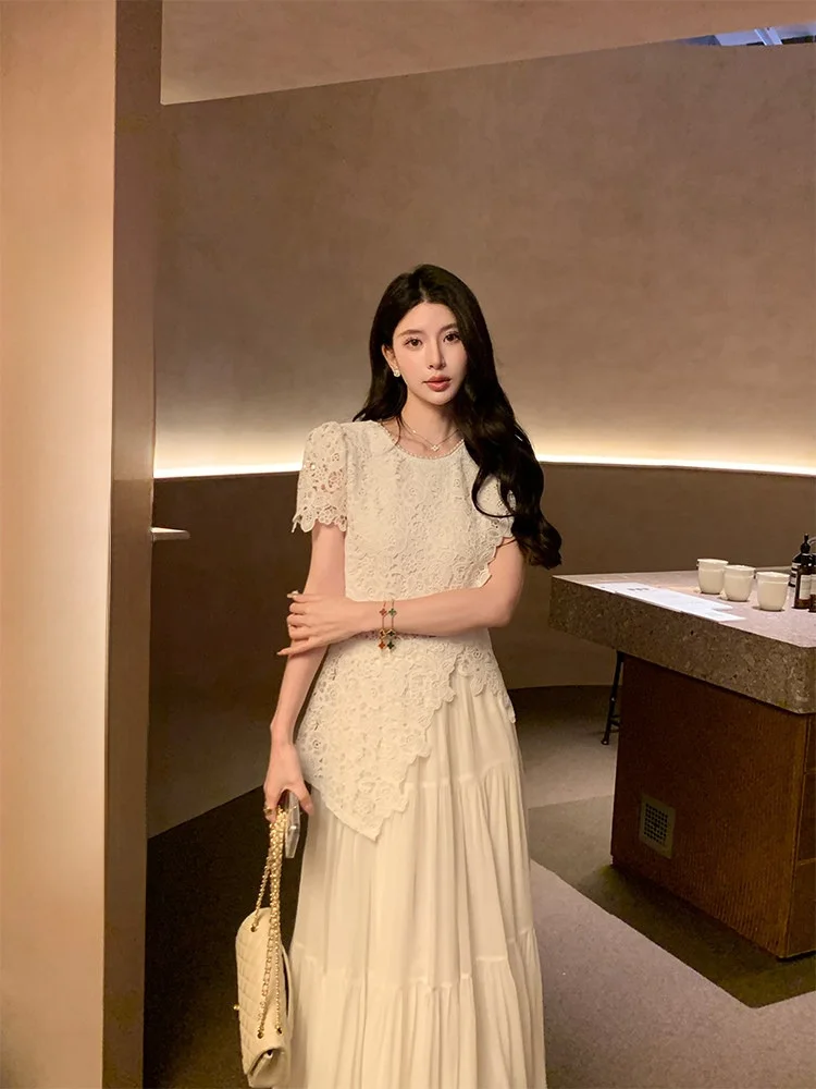 

Kun Total【Mis Rose】White ort Sve Lace irt Women Heavy Industry Hollow out Summer New Best Selling Faionable Commut...