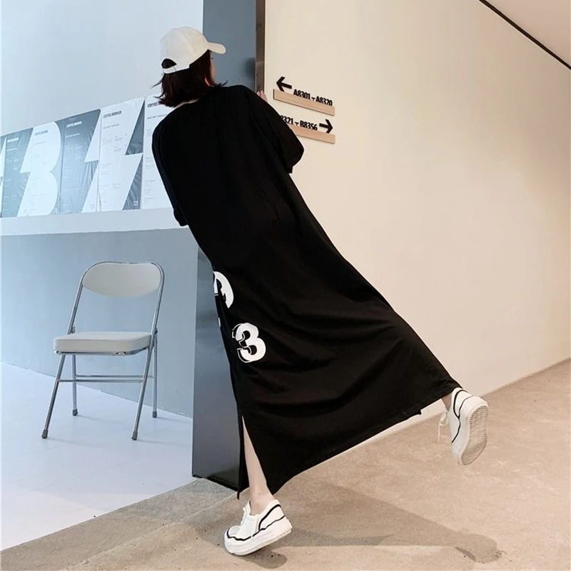 Trendy Oversized Woman Tshirts Korean Loose T-shirt V Neck Dress Print Numbers 1973 Half-sleeved Large Long Summer Dress Girl