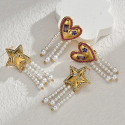 New Fashion Design Long Drop Pentagram Earrings Cute White Pearl Heart-shaped Tassel Earrings Girl Sweet Temperament Jewelry