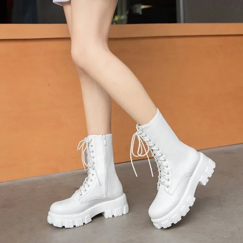 Women\'s Mid Calf Boots Padded Shoes Knee High Winter Sneakers Punk Style Military Casual White Black 2023 Lucury Platform Woman