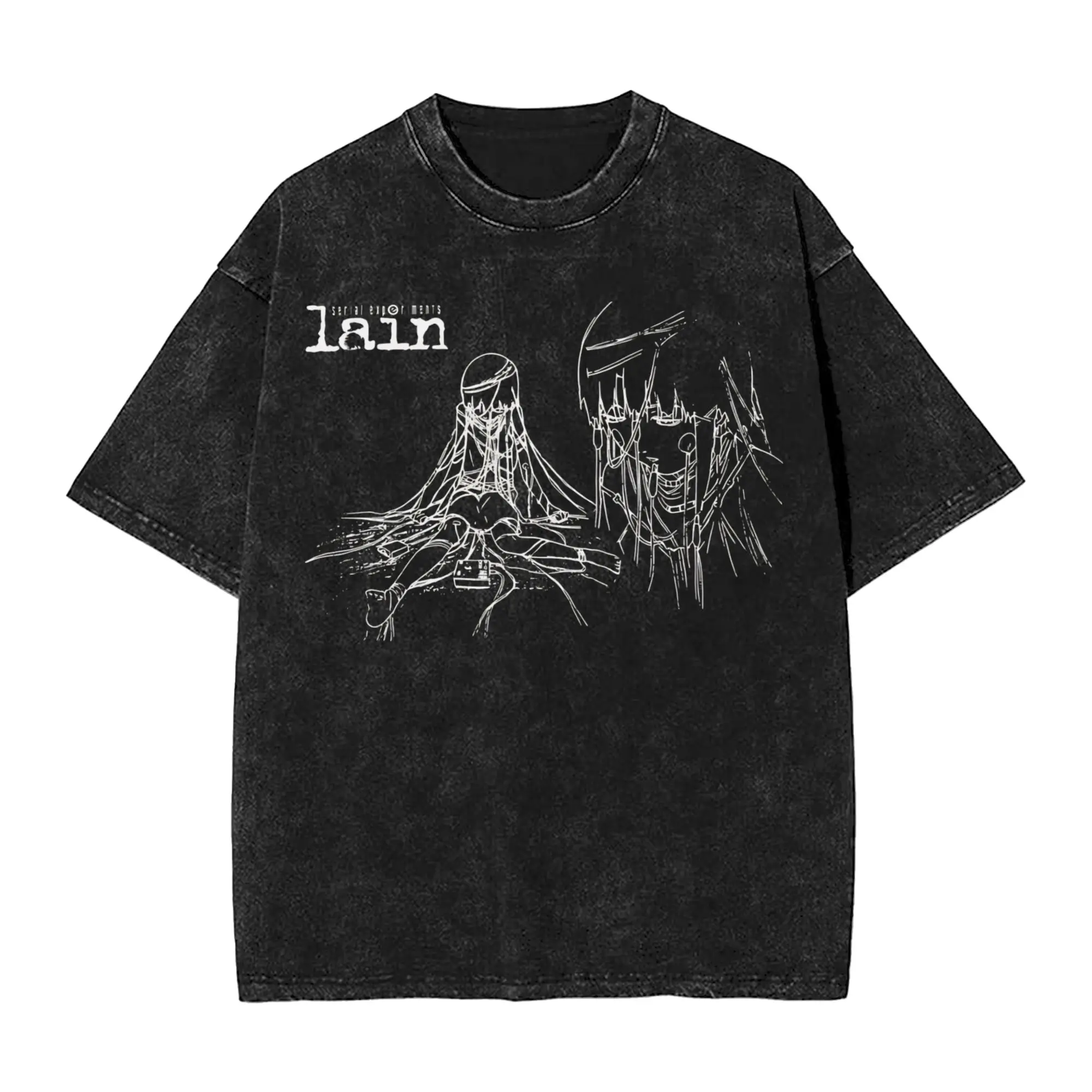 Lain Wired Up  Men T Shirts Washed Serial Experiments Lain Tee Shirt Short Sleeve Round Neck T-Shirts 100% Cotton Plus Size Tops