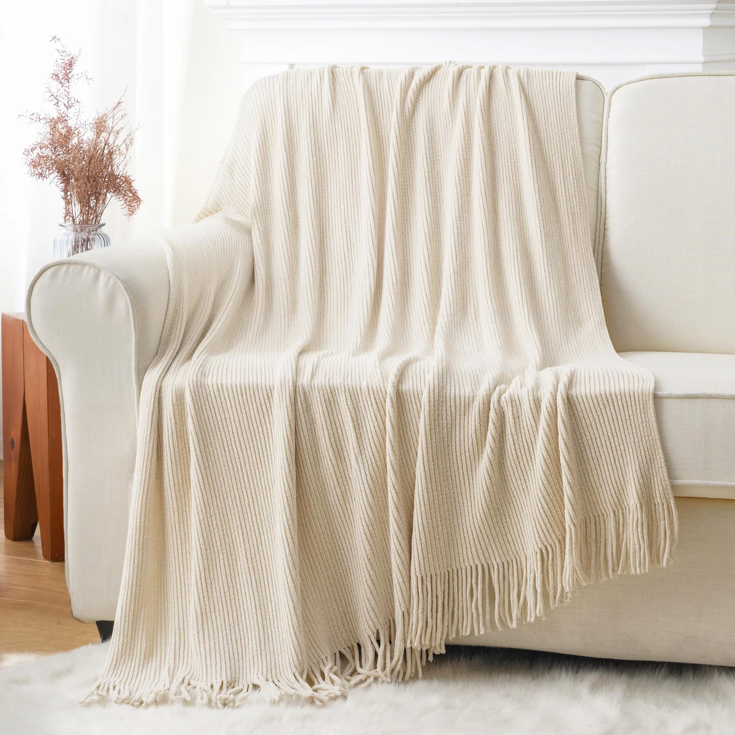Battilo Chenille Knit Blankets with Tassels Caramel Plaid Throw Blanket for Bed Couch Decorative Sofa Blanket Bedroom Fall Decor