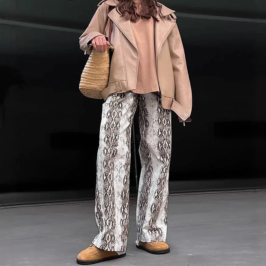 Spring 2025 New Vintage Snake-Print Loose High-Waist Straight-Tee Casual Pants