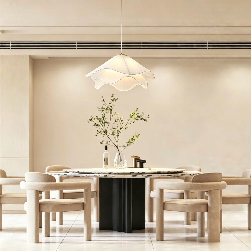 Modern Petal Pendant Light Creamy Style Pleated Fabric Pendant Lamp For Living Bedroom Restaurant Home Decor Creative Chandelier