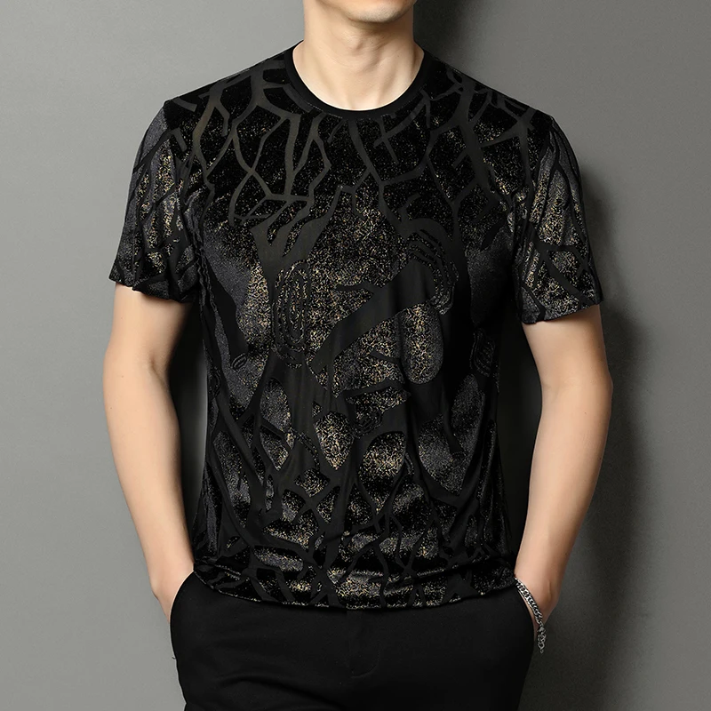Bronzing Flocking Hollow T Shirt For Men Short Sleeve Silky Icy Summer Velvet Quality Soft Comfortable Stretchy Camisetas Hombre
