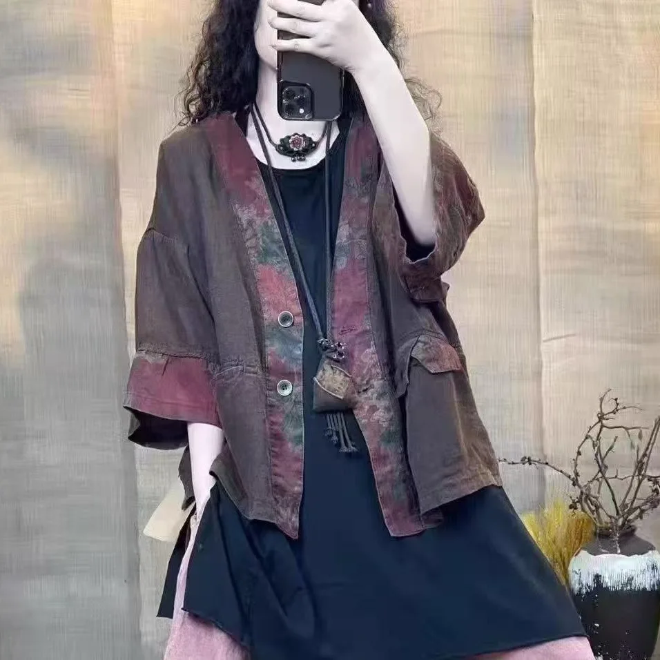 

Loose Women's Shirt Lazy Style Large Size Linen Retro Three-Quarter Sleeve Blouse Jacket Spring Summer New Arrival