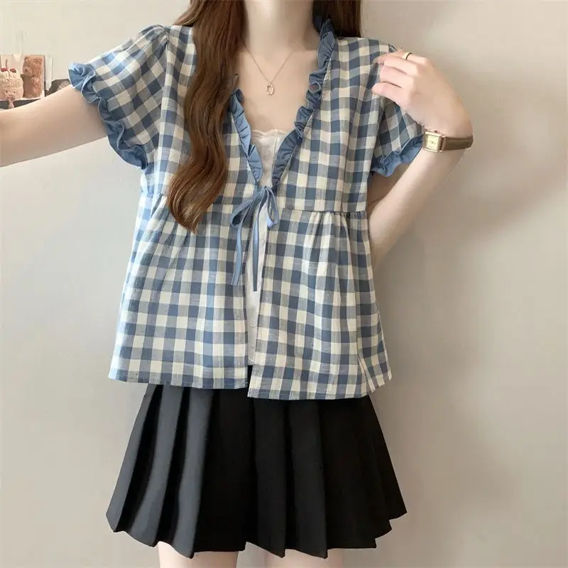 Summer Korean Sweet Drawstring Shirts Two Pieces Women's Clothing Vintage Plaid Fashionable Spliced Short Sleeve Blouse New