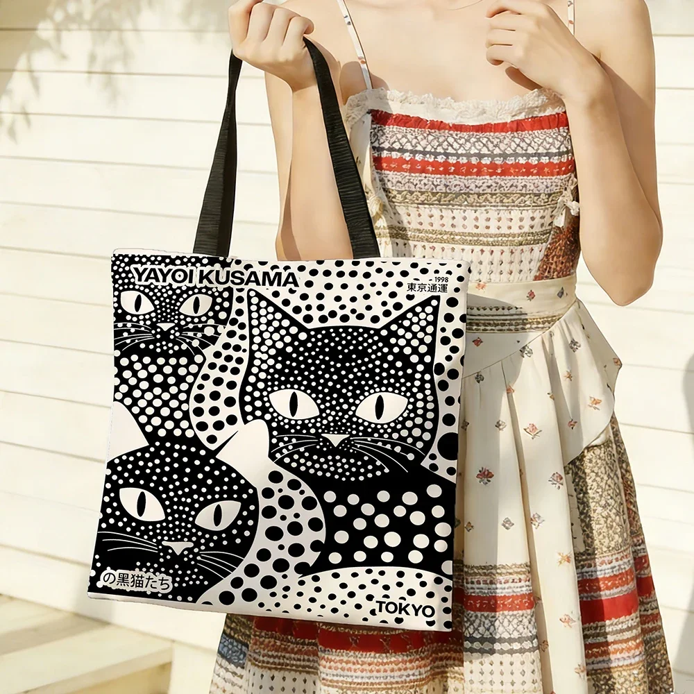 1pc Polka Dot Black Cat Tote Bag Features Bold Polka Dot Patterns and Cute Cat Motifs in A Japanese Artistic Print Design. Made