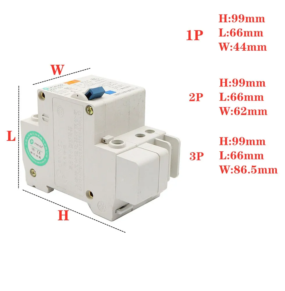 DZ47LE-63/63A Husehold Air Switch RCBO Leakage Protector 1P+N 2P 3P+N 4P AC400V Three-Phase Overload Protection Circuit Breaker