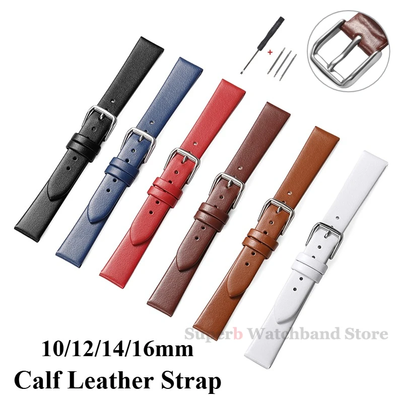 

10mm 12mm 14mm 16mm Ultra-thin Leather Watch Band with Pin Buckle Calf Leather Watch Strap Universal Wristband for Women