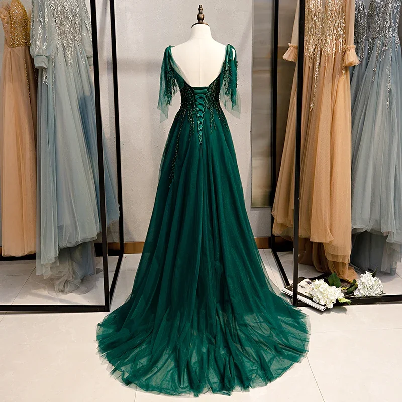 Green Evening Dress V-Neck Sleeveless A-Line Floor-Length Crystal Bling Backless Lace Up Party Formal Gown Woman Plus size B215