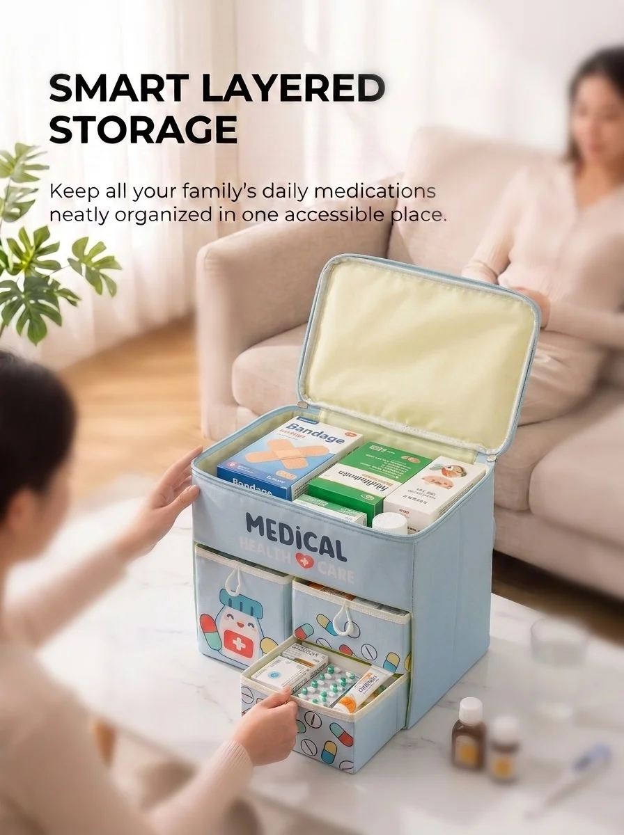 Portable Cartoon First Aid Kit Large Capacity Drawer Medical Storage Box Oxford Fabric Home Medicine Organizer Emergency Bag
