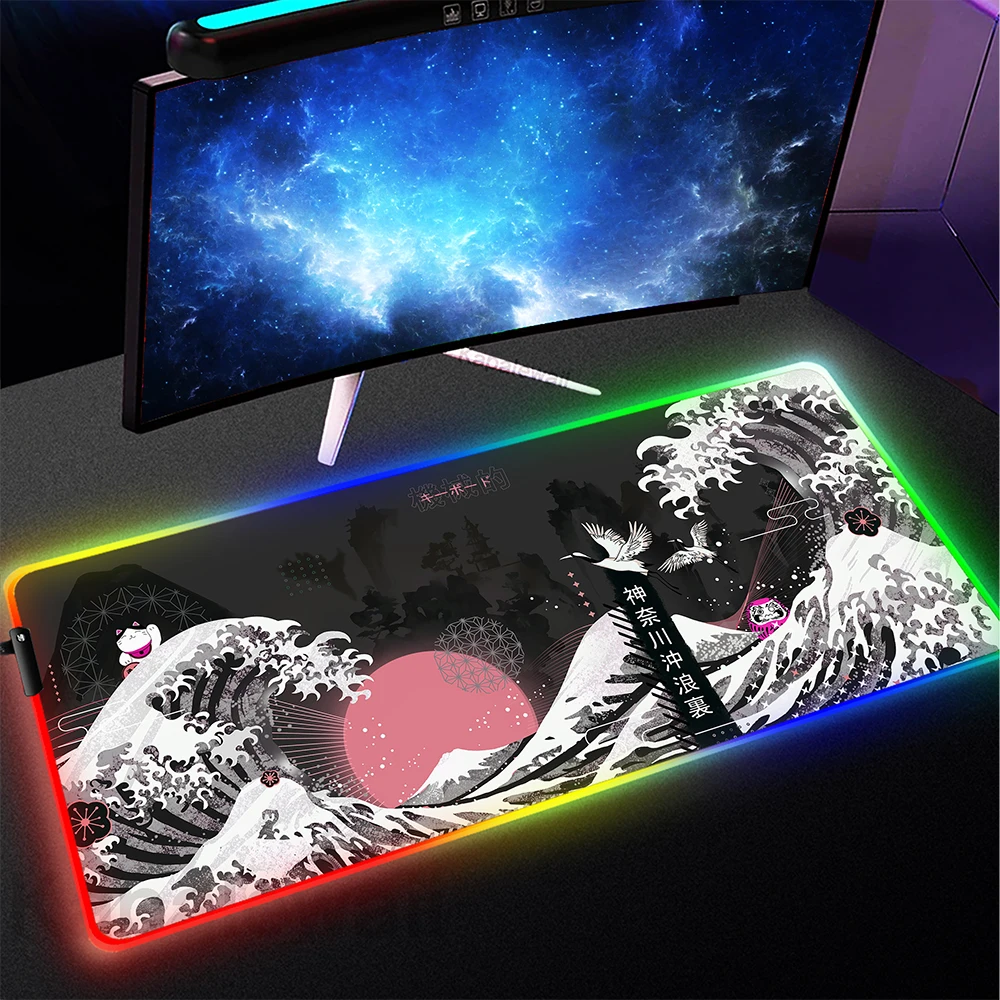 

Japanese Style Great Wave Off Mouse Pad Large RGB Mousepad Gaming LED Mouse Mat Gamer Table Pads Desk Pad Big Mats XXL 90x40cm