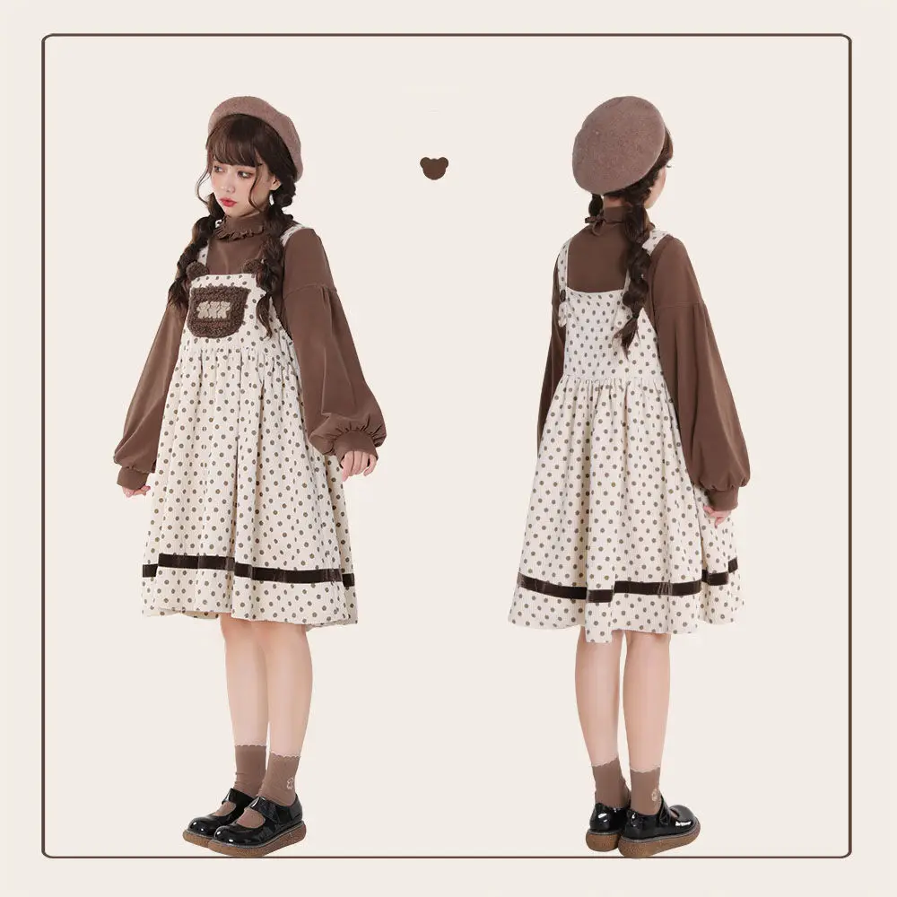 Three Bears Kawaii Print Lolita Dress Retro Cute Bear Embroidery Plush Girly Loose Corduroy Strap Daily Jsk Dress