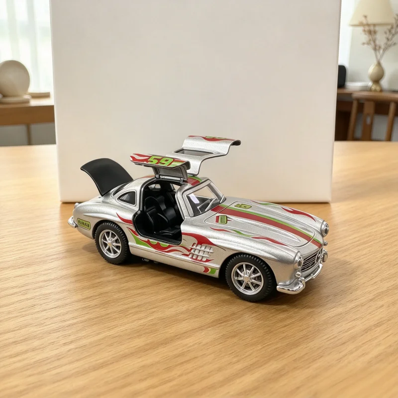 Classic Vintage Race Coupe Diecast Model, Flame Graphic Decorated Vehicle Replica, Tabletop Display Collectible Ornament