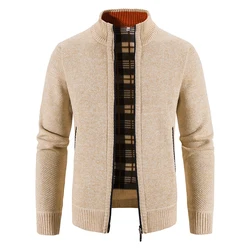 Men's Cardigan Turn-down Collar Knitting Sweater Slim Fit Solid Color Zipper Fleece Outerwear Mens Top Clothes