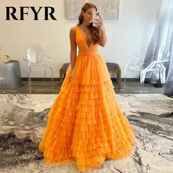 RFYR Tank A Line Orange Evening Dresses V Neck Special Occasion Dresses Tiered Layer Formal Gown Dresses Long vestidos de fiesta