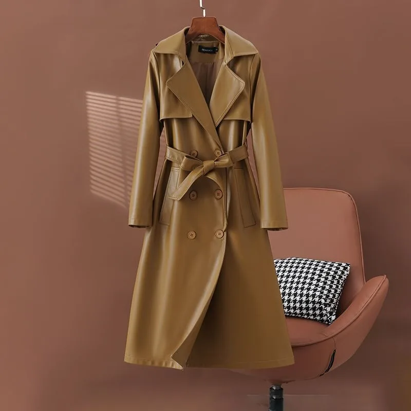 سترة واقية من الرياح للنساء سترة جلدية متوسطة الطول مع أربطة على الخصر وتناسب شكل من جلد الغنم الصناعي بدلة مزدوجة الصدر #2