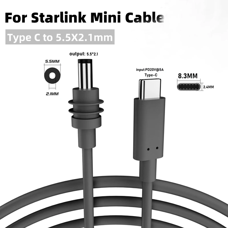 For Starlink Mini Cable 2M(6.6ft) Starlink Mini DC Power Type C Input Replacement Cable Waterproof Outdoor Barrel Jack Charging