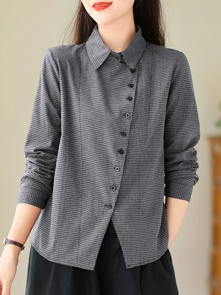 

QWFR Women Long Sleeve Casual Shirt New Arrival 2023 Vintage Style Plaid Pattern All-match Loose Female Cotton Tops Shirts