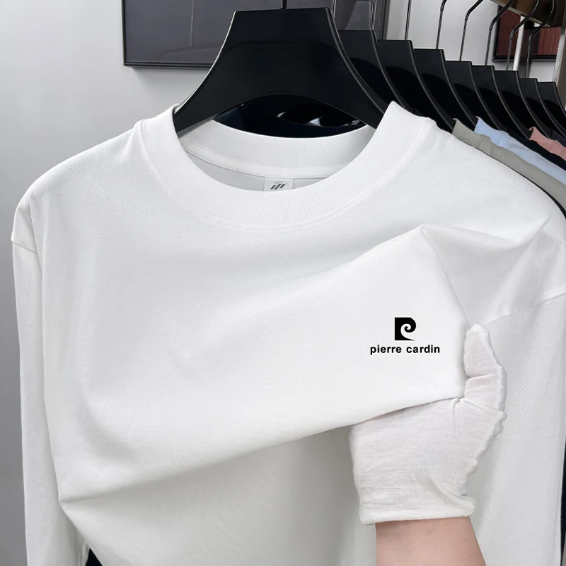 High End Quality Men's 100% Cotton T-Shirt Autumn New Solid Color Printed Long Sleeved O-Neck Top Trend Exquisite Men's Clothing