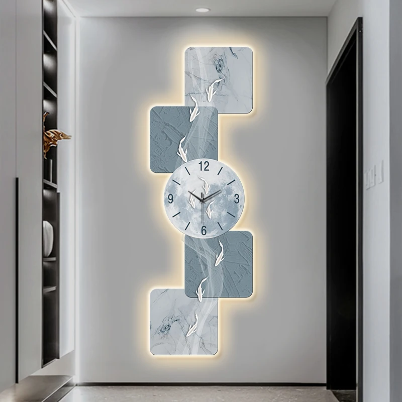 Modern Home Wall Decor Nine Fish Picture Wall Clock Living Room Corridor Mute Clock Painting Advanced Art LED Luminescent Mural