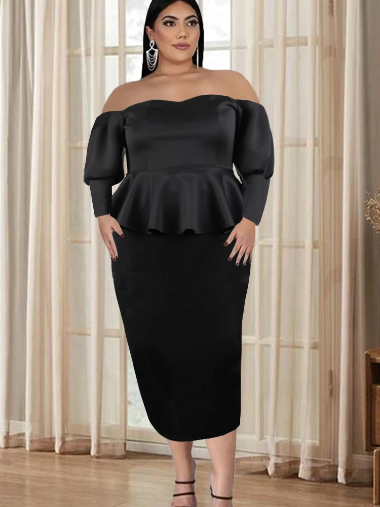 Plus Size Two Piece Sets Women Off Shoulder Ruffles Tops and Package Hip Skirt Suits for Women Birthday Evening Party 5XL 4XL