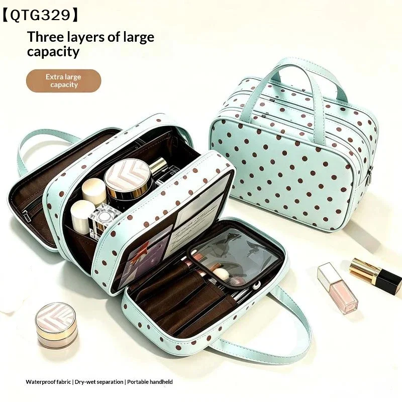 1Pcs PU Large Capacity Travel Toiletry Three Tier Multi Pocket Hanging Suitcase Organizer Polka Dot Handbag Sturdy Handle[T]【WQ】