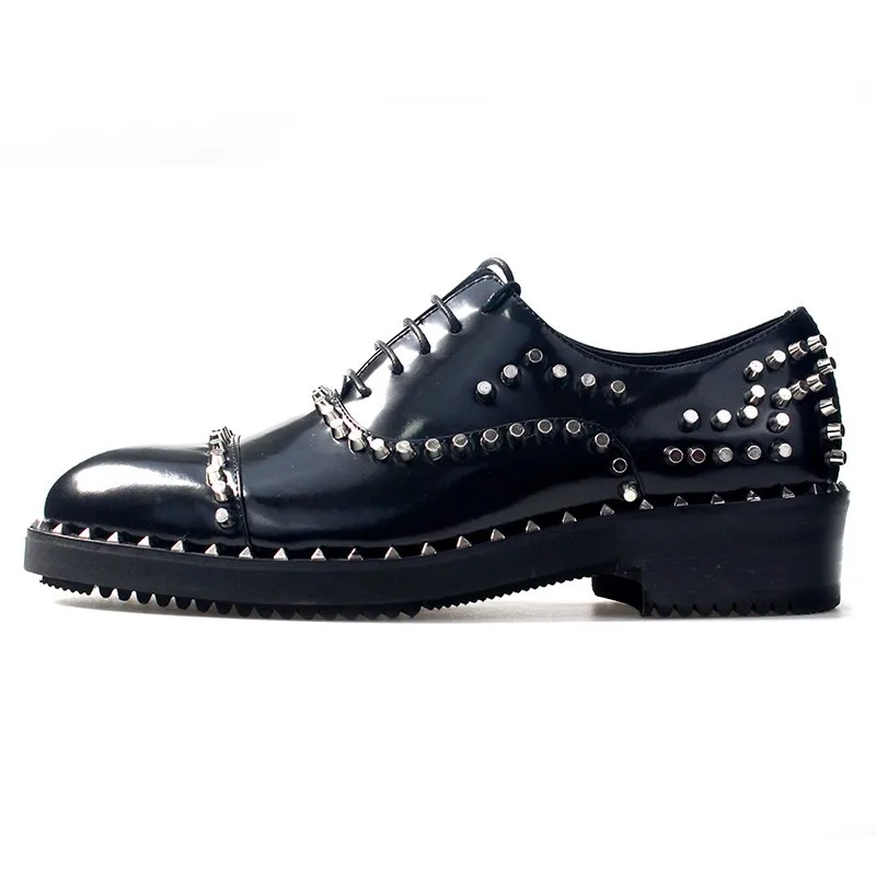 JINIWU 2026 Men Cylinder Stud Oxford Shoes, Shiny Oiled Leather Low Top Gentleman Handmade Thick Sole Rivet Dress Shoes