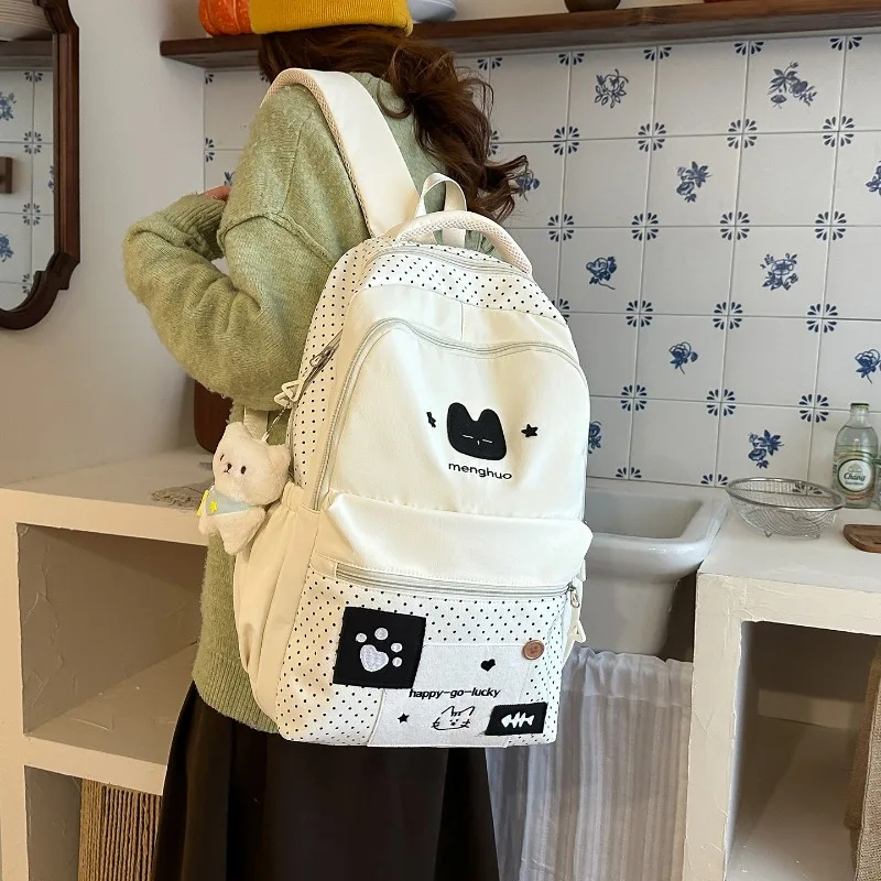 traveasy-2026-nuovo-zaino-con-patch-a-pois-e-cartoni-animati-in-nylon-con-charm-in-peluche-versatile-per-studenti-per-uso-quotidiano-e-viaggi-all'aperto