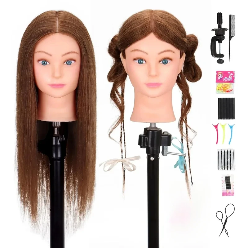 

Human Hair Mannequin Head With Thick 80% Real Hair Mixed Synthetic Hair Training Practice Doll Head With Stand For Christmas Day