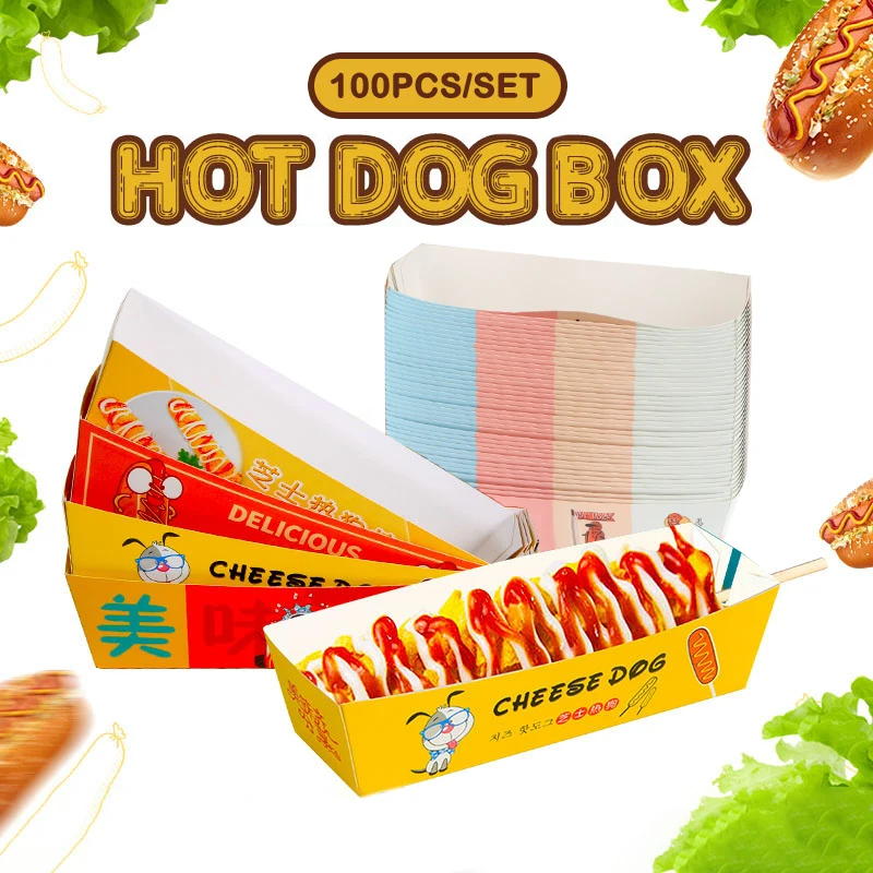 100pcs No-Fold Hot Dog Packaging Box Paper Disposable Party Tableware Food Serving Tray For Caterers Catering Boxes