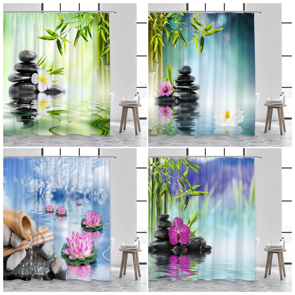 

Green Bamboo Zen Shower Curtains Black Massage Stone Natural Flowers Plant Landscape Polyester Fabric Bathroom Curtain Decor Set