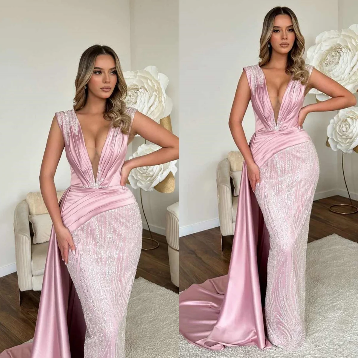 

Charming Mermaid Prom Dresses For Women V Neck Sleeveless Evening Dresses Sequins Beadomg Special Occasion Customized