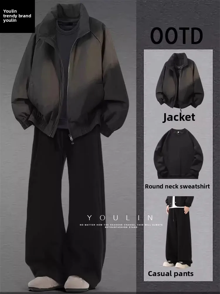 

Cool American Sle Pilot Jaet ort Men's Set Cleanfit Outerwear Youth Spring Autumn Loose Fit Retro Sle Zipper Closure