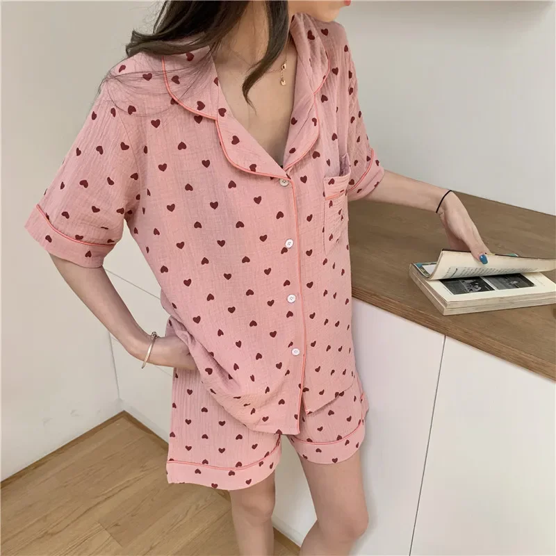 Lovely Heart Print Summer Pajamas Set Women Single Breasted Shirts + Shorts Set Two Piece Home Suit Cotton Sweet Kawaii