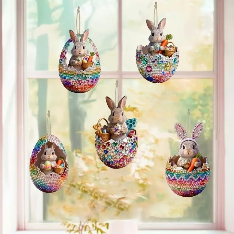 8Pcs Wooden Easter Egg Set 2D DIY Craft Simulation Artificial Hanging Ornaments Easter Theme Decorative Egg for Home Decoration