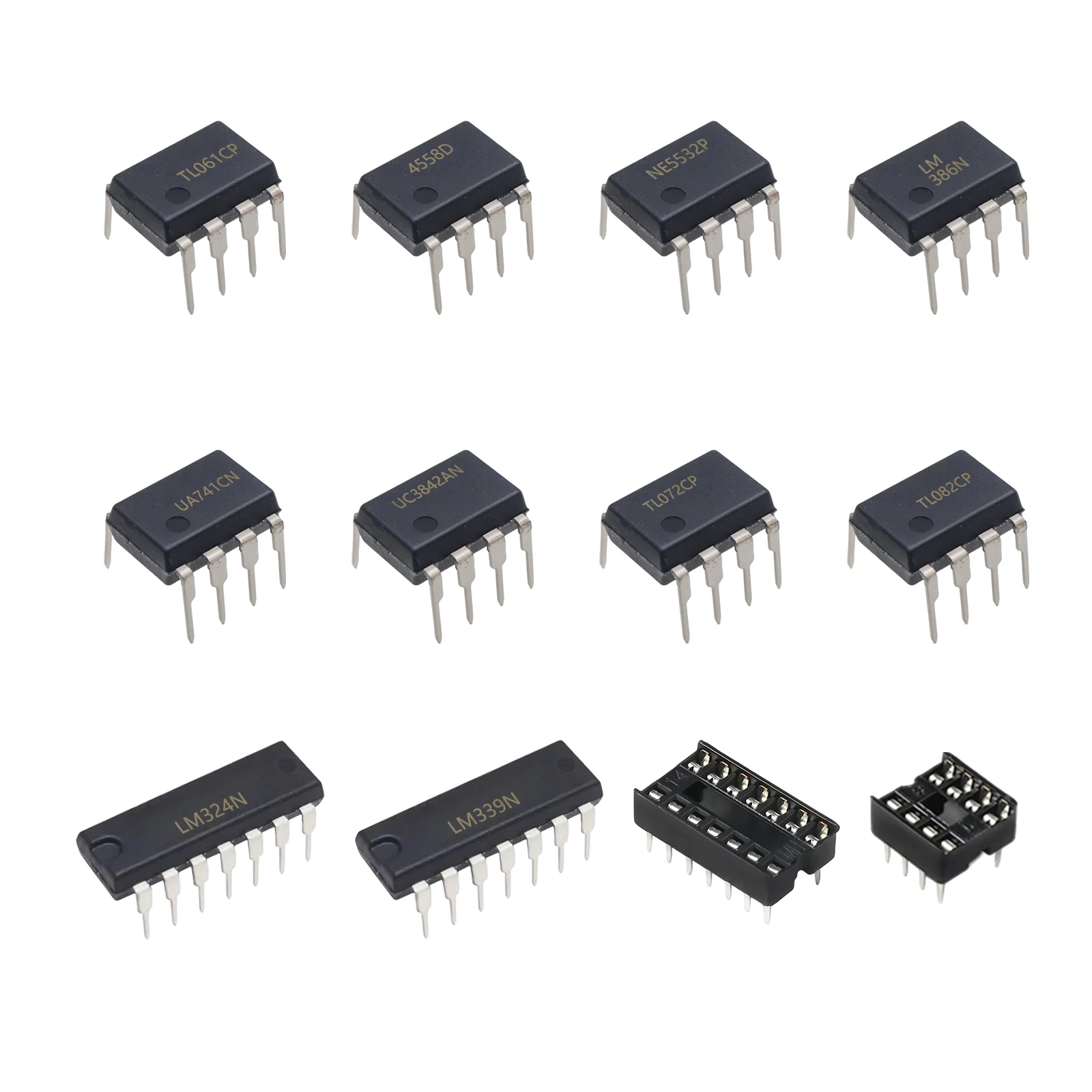 12 Values DIP-8/-14 kit LM358P LM324N LM339N NJM4558D NE5532P LM386N UA741CN UC3842AN TL072CP TL082CP IC Socket Total 80 Pcs