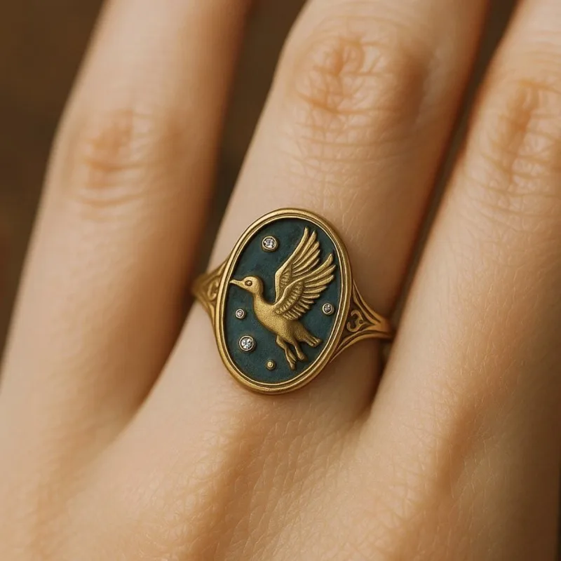 

2026 New Eco-Friendly Alloy Ring - Retro Gold Plated Oil Dripping Creative Red-Crowned Crane Women's Fashion Jewelry Accessory