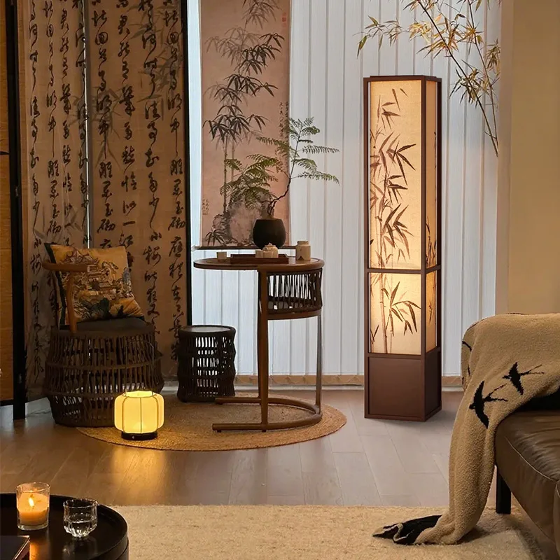Folha de bambu pintura sala de chá candeeiro de mesa de chá sala de estar sofá lâmpada de chão