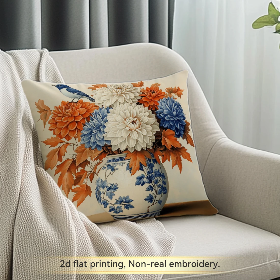 1pc Autumn Blue White Porcelain Flowers Cushions Pillowcase Polyester Cushion Cover Throw Pillow Pillowcover Home Car Sofa Decor