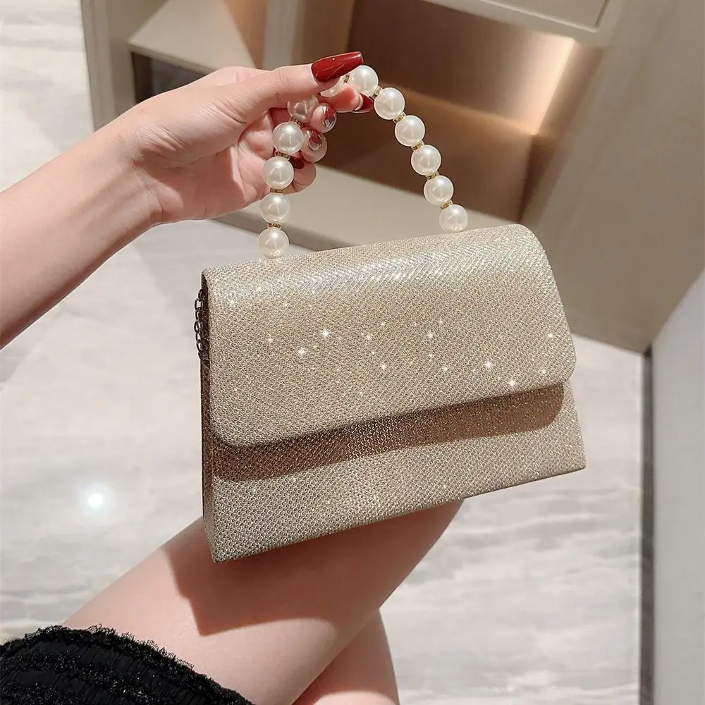 Pearl Chain Shoulder Bags Luxury Purse Gold Bright Silk Evening Bag Women Elegant Fashion Banquet Clutch Female Handbag