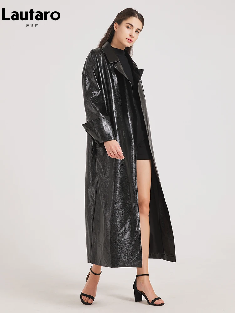 Lautaro Spring Autumn Oversized Extra Long Black Shiny Reflective Patent Leather Trench Coat for Women Belt Maxi Overcoat 2024